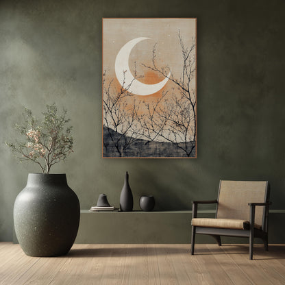 Crescent Moon Bare Branches Japandi wall art in a calm Japandi-style room – white crescent moon over a gray hill