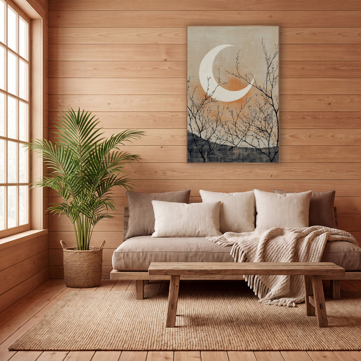 Crescent Moon Bare Branches Japandi wall art in a calm Japandi-style room – white crescent moon over a gray hill