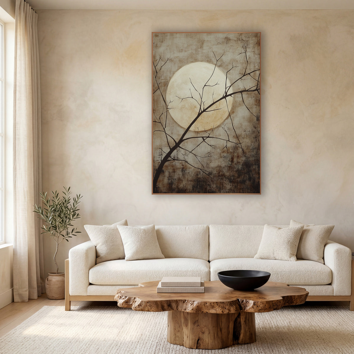 Pale Moon Bare Branch Japandi wall art in a calm Japandi-style room – large pale full moon behind thin dark bare