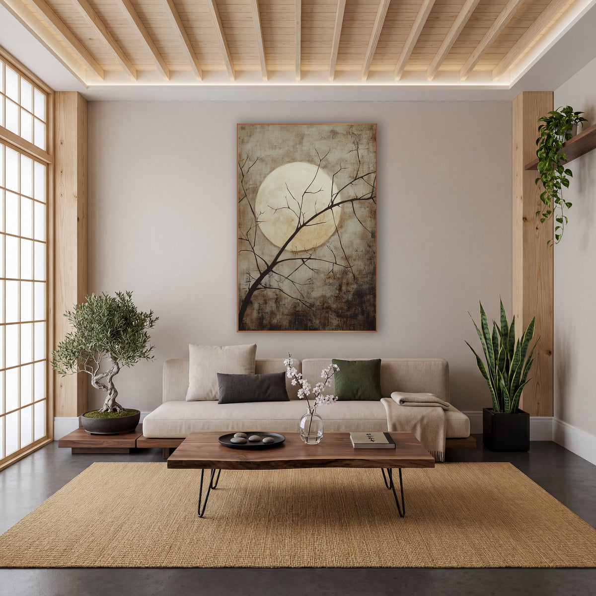 Pale Moon Bare Branch Japandi wall art in a calm Japandi-style room – large pale full moon behind thin dark bare