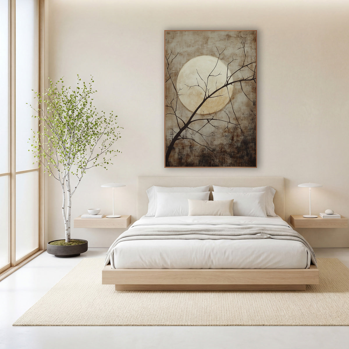 Pale Moon Bare Branch Japandi wall art in a calm Japandi-style room – large pale full moon behind thin dark bare