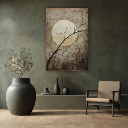 Pale Moon Bare Branch Japandi wall art in a calm Japandi-style room – large pale full moon behind thin dark bare