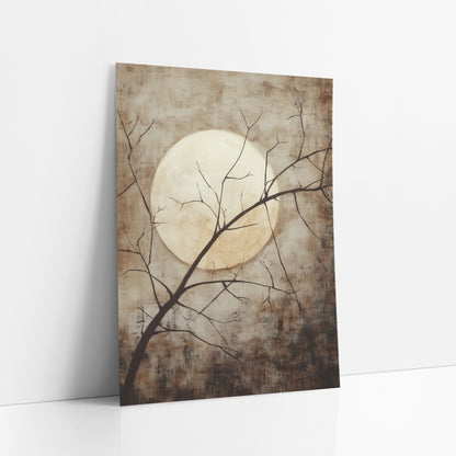 Pale Moon Bare Branch Japandi art print leaning against a white wall – large pale full moon behind thin dark bare branches