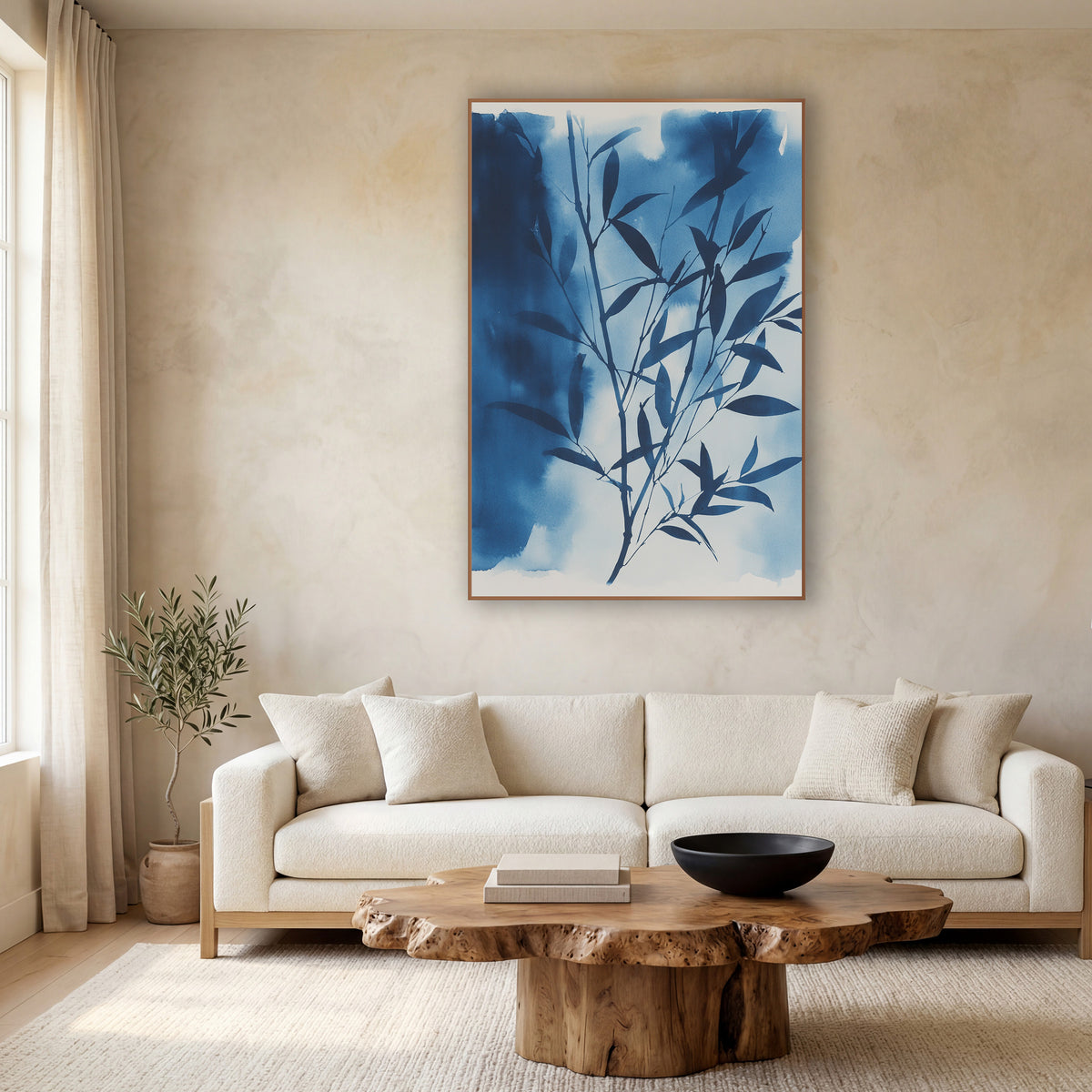 Indigo Bamboo Branch Japandi wall art in a calm Japandi-style room – dark indigo bamboo branch with narrow leaves