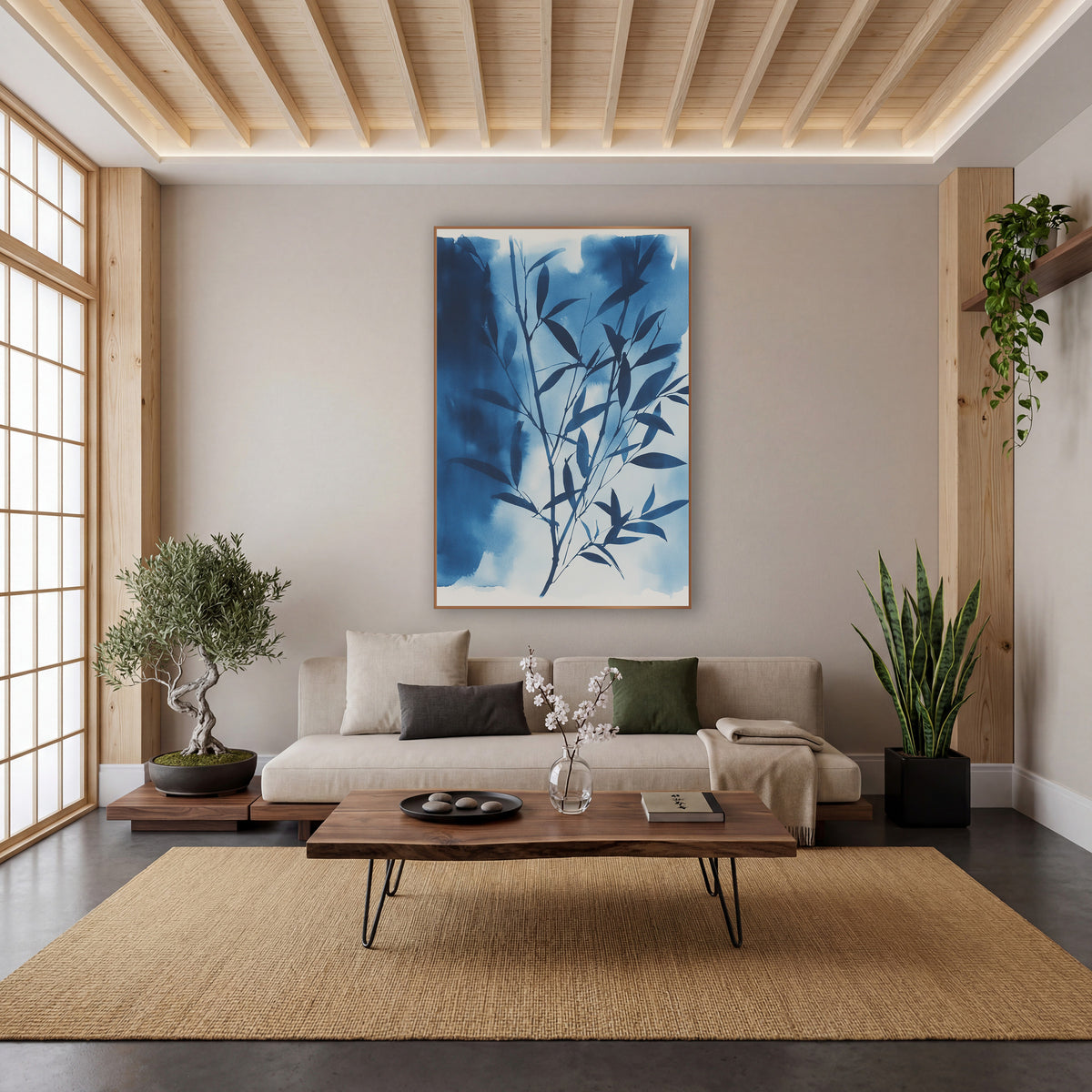 Indigo Bamboo Branch Japandi wall art in a calm Japandi-style room – dark indigo bamboo branch with narrow leaves