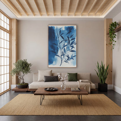 Indigo Bamboo Branch Japandi wall art in a calm Japandi-style room – dark indigo bamboo branch with narrow leaves