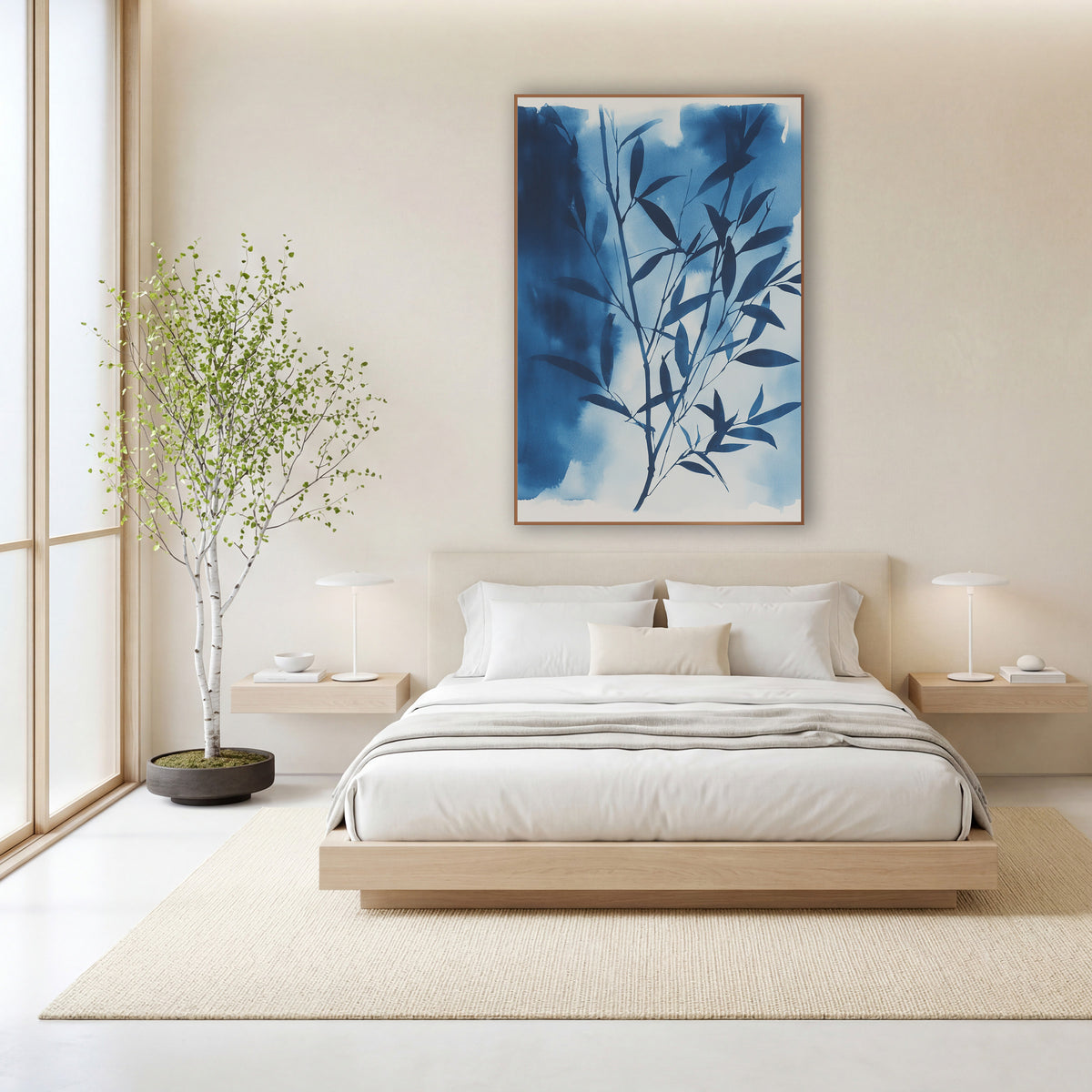Indigo Bamboo Branch Japandi wall art in a calm Japandi-style room – dark indigo bamboo branch with narrow leaves