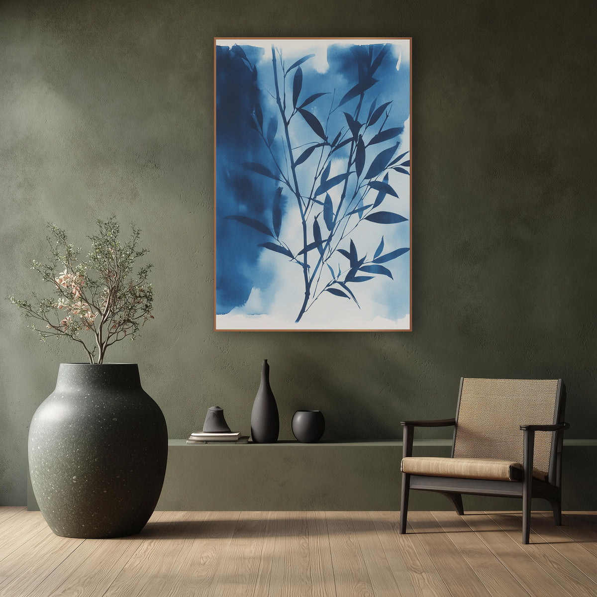 Indigo Bamboo Branch Japandi wall art in a calm Japandi-style room – dark indigo bamboo branch with narrow leaves