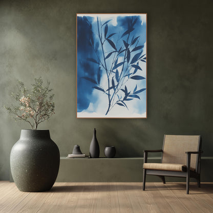 Indigo Bamboo Branch Japandi wall art in a calm Japandi-style room – dark indigo bamboo branch with narrow leaves