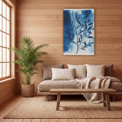 Indigo Bamboo Branch Japandi wall art in a calm Japandi-style room – dark indigo bamboo branch with narrow leaves