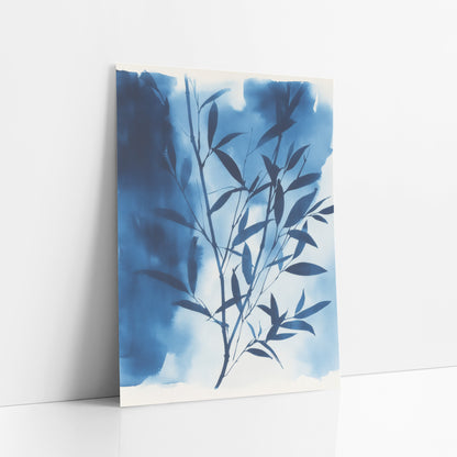 Indigo Bamboo Branch Japandi art print leaning against a white wall – dark indigo bamboo branch with narrow leaves on navy