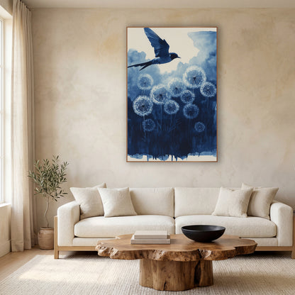 Indigo Swallow Dandelion Seedheads Botanical wall art in a calm Japandi-style room – blue swallow in flight above