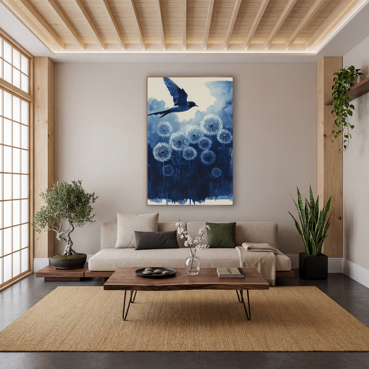 Indigo Swallow Dandelion Seedheads Botanical wall art in a calm Japandi-style room – blue swallow in flight above