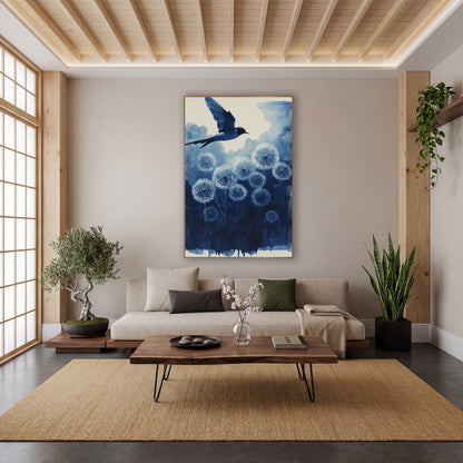 Indigo Swallow Dandelion Seedheads Botanical wall art in a calm Japandi-style room – blue swallow in flight above
