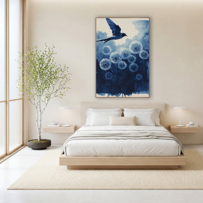 Indigo Swallow Dandelion Seedheads Botanical wall art in a calm Japandi-style room – blue swallow in flight above