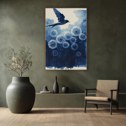Indigo Swallow Dandelion Seedheads Botanical wall art in a calm Japandi-style room – blue swallow in flight above
