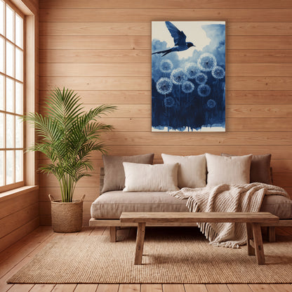 Indigo Swallow Dandelion Seedheads Botanical wall art in a calm Japandi-style room – blue swallow in flight above