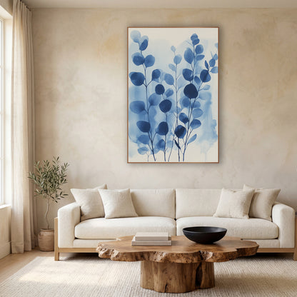 Tall Indigo Eucalyptus Washes wall art in a calm Japandi-style room – eucalyptus stems with round indigo and sky blue