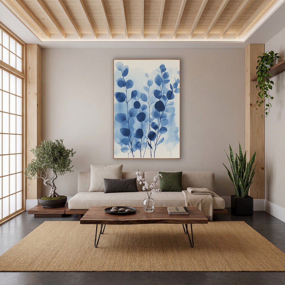 Tall Indigo Eucalyptus Washes wall art in a calm Japandi-style room – eucalyptus stems with round indigo and sky blue