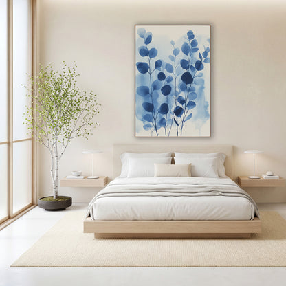 Tall Indigo Eucalyptus Washes wall art in a calm Japandi-style room – eucalyptus stems with round indigo and sky blue
