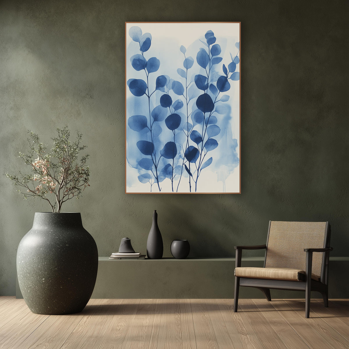 Tall Indigo Eucalyptus Washes wall art in a calm Japandi-style room – eucalyptus stems with round indigo and sky blue
