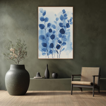 Tall Indigo Eucalyptus Washes wall art in a calm Japandi-style room – eucalyptus stems with round indigo and sky blue