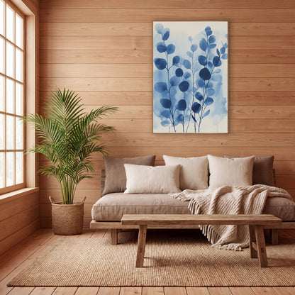 Tall Indigo Eucalyptus Washes wall art in a calm Japandi-style room – eucalyptus stems with round indigo and sky blue