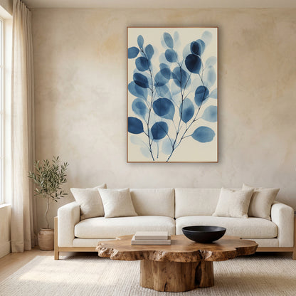 Indigo Eucalyptus Leaf Botanical wall art in a calm Japandi-style room – blue eucalyptus branches with overlapping