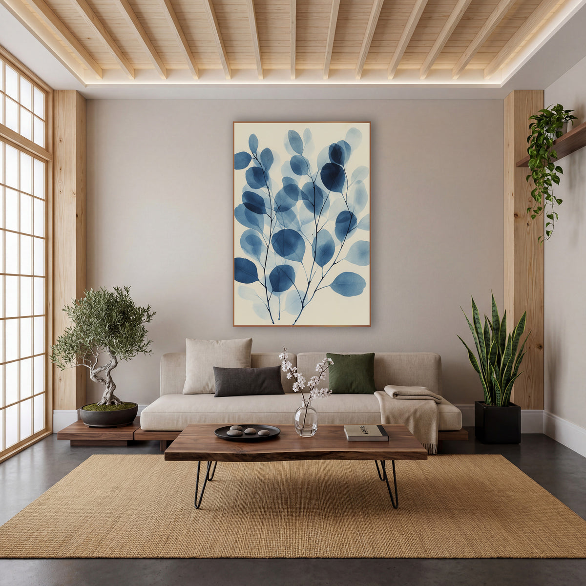 Indigo Eucalyptus Leaf Botanical wall art in a calm Japandi-style room – blue eucalyptus branches with overlapping