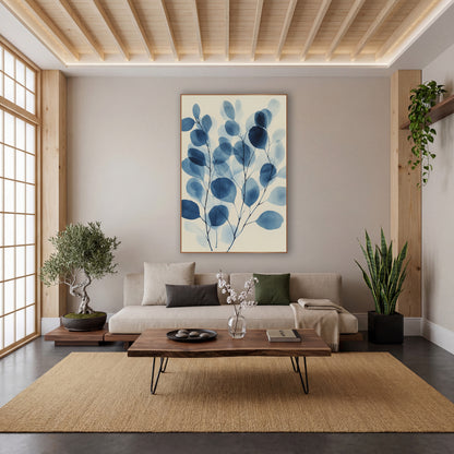 Indigo Eucalyptus Leaf Botanical wall art in a calm Japandi-style room – blue eucalyptus branches with overlapping