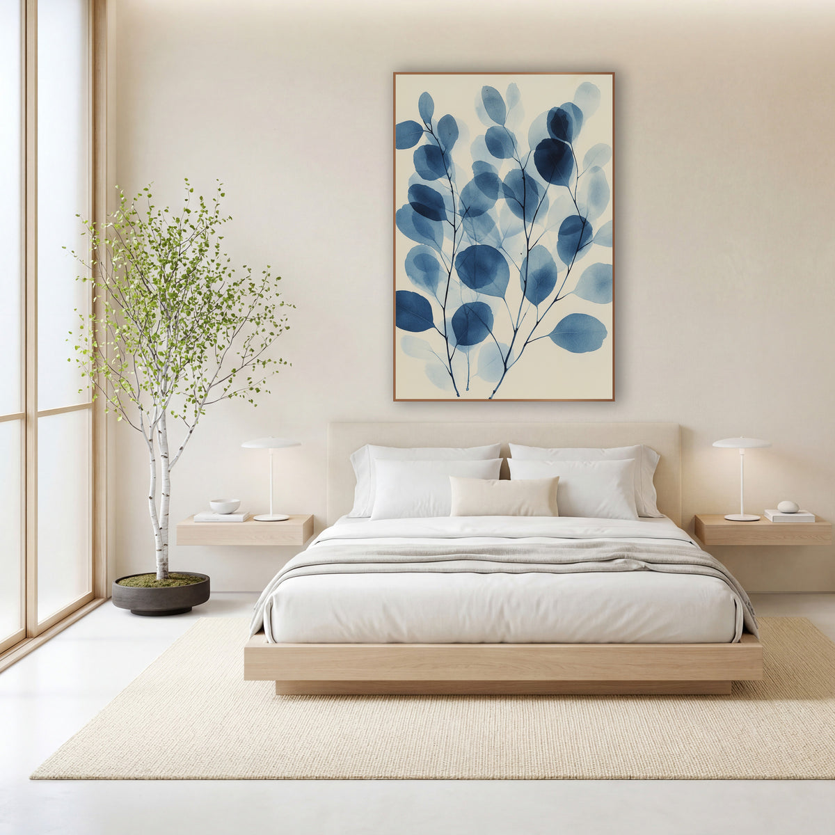 Indigo Eucalyptus Leaf Botanical wall art in a calm Japandi-style room – blue eucalyptus branches with overlapping