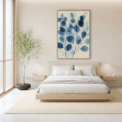 Indigo Eucalyptus Leaf Botanical wall art in a calm Japandi-style room – blue eucalyptus branches with overlapping