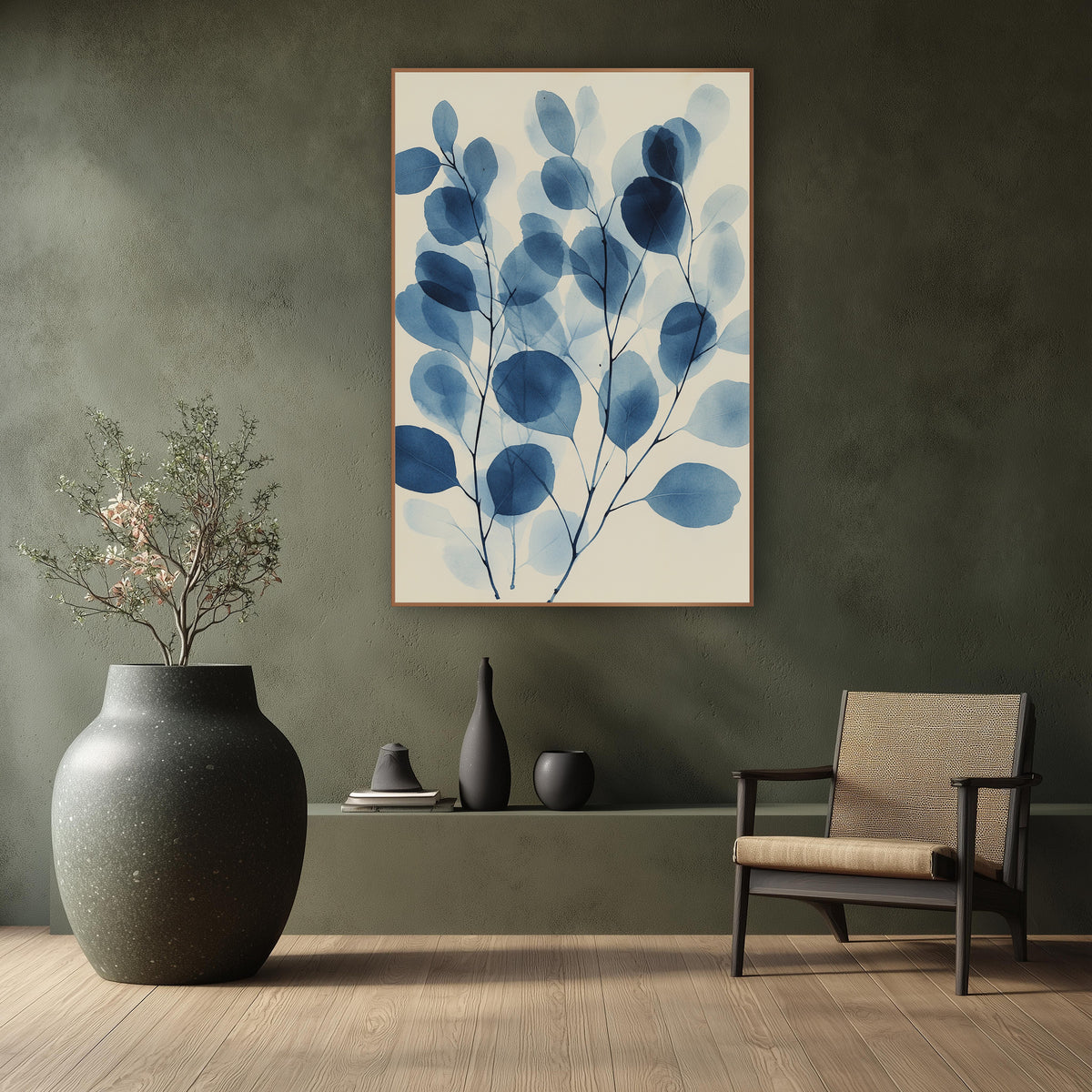 Indigo Eucalyptus Leaf Botanical wall art in a calm Japandi-style room – blue eucalyptus branches with overlapping