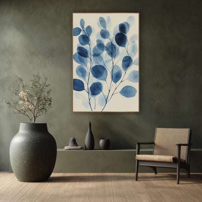 Indigo Eucalyptus Leaf Botanical wall art in a calm Japandi-style room – blue eucalyptus branches with overlapping