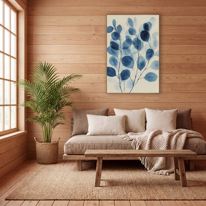 Indigo Eucalyptus Leaf Botanical wall art in a calm Japandi-style room – blue eucalyptus branches with overlapping