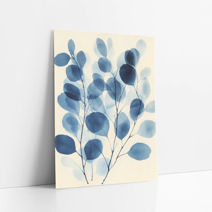 Indigo Eucalyptus Leaf Botanical art print leaning against a white wall – blue eucalyptus branches with overlapping