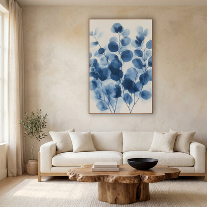 Layered Overlapping Indigo Eucalyptus Botanical wall art in a calm Japandi-style room – round eucalyptus leaves