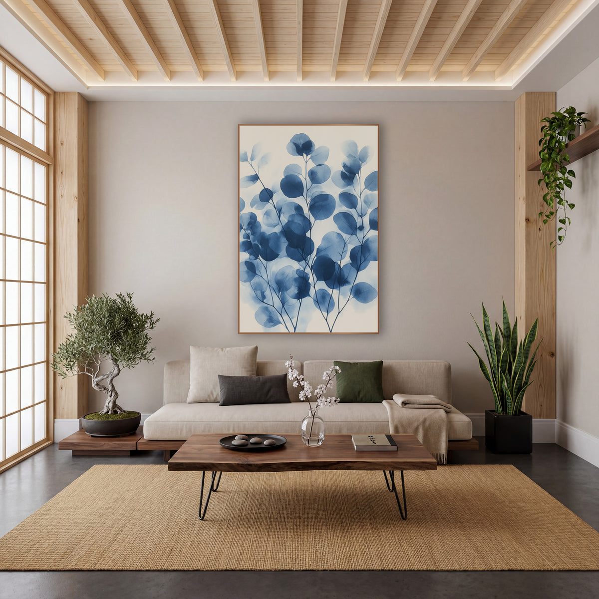 Layered Overlapping Indigo Eucalyptus Botanical wall art in a calm Japandi-style room – round eucalyptus leaves