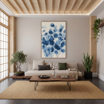 Layered Overlapping Indigo Eucalyptus Botanical wall art in a calm Japandi-style room – round eucalyptus leaves