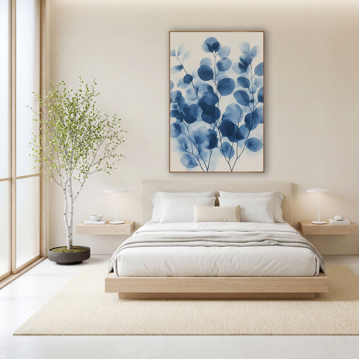 Layered Overlapping Indigo Eucalyptus Botanical wall art in a calm Japandi-style room – round eucalyptus leaves