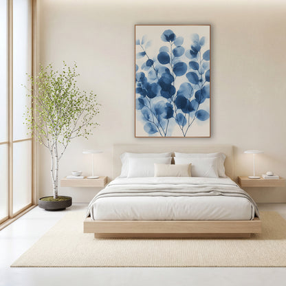 Layered Overlapping Indigo Eucalyptus Botanical wall art in a calm Japandi-style room – round eucalyptus leaves