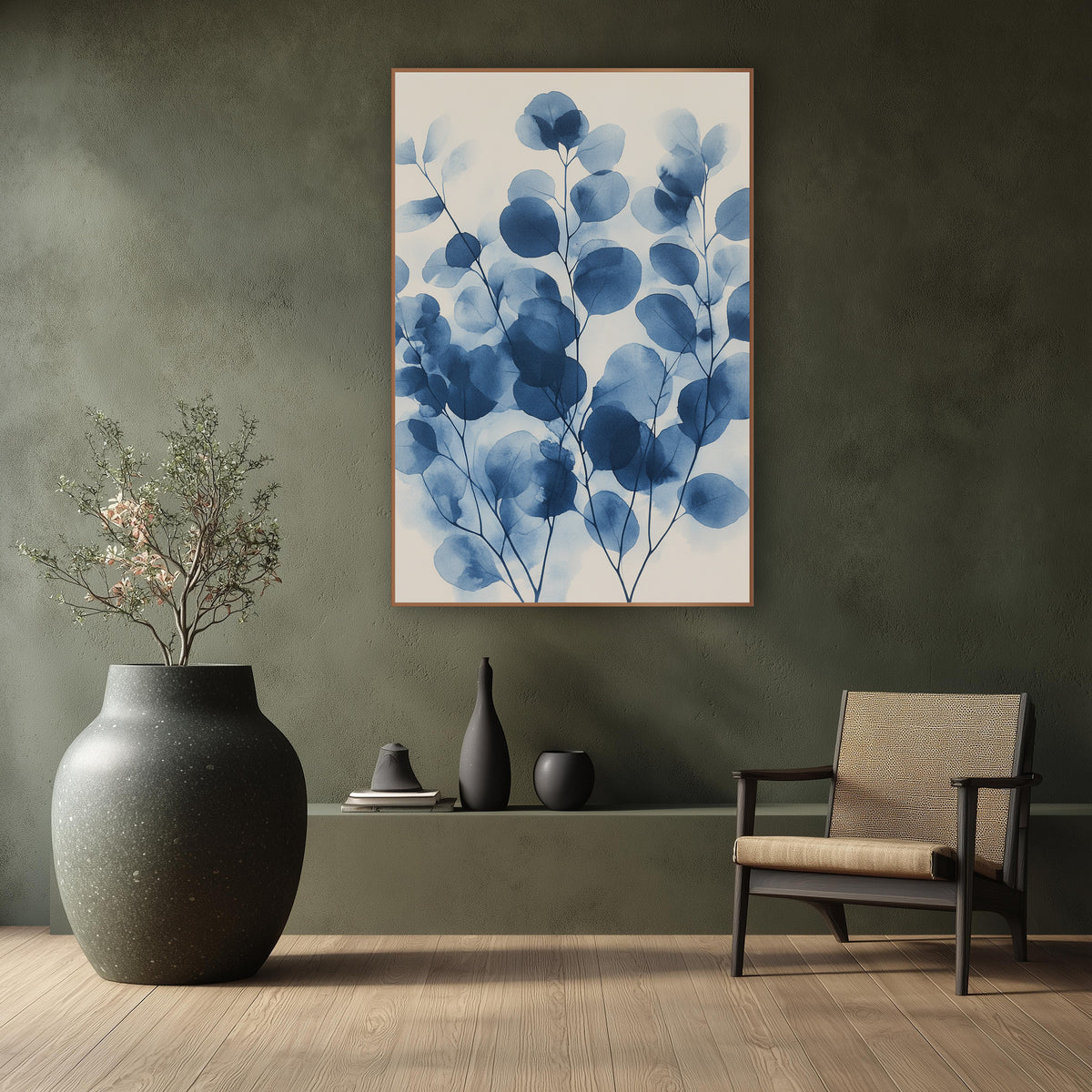 Layered Overlapping Indigo Eucalyptus Botanical wall art in a calm Japandi-style room – round eucalyptus leaves
