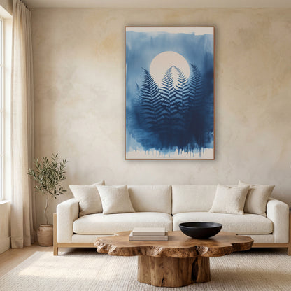 Blue Fern Moon Japandi Botanical wall art in a calm Japandi-style room – dark navy fern fronds in front of a pale