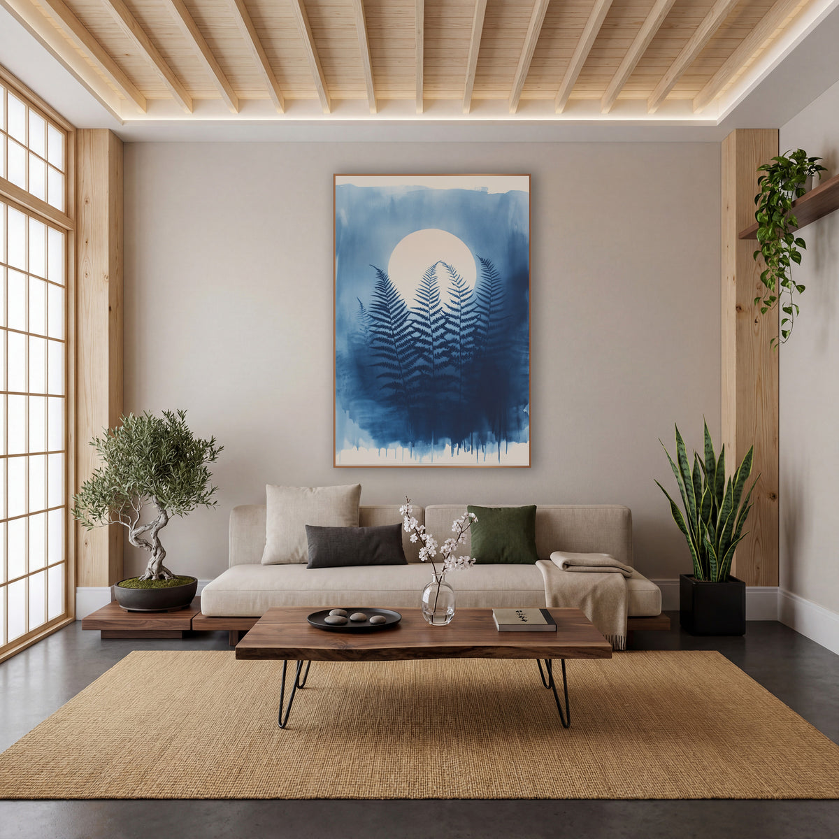 Blue Fern Moon Japandi Botanical wall art in a calm Japandi-style room – dark navy fern fronds in front of a pale
