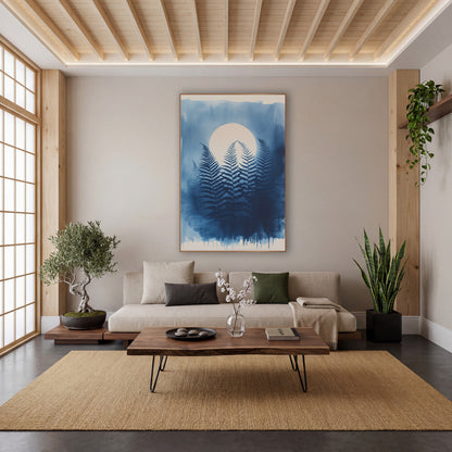 Blue Fern Moon Japandi Botanical wall art in a calm Japandi-style room – dark navy fern fronds in front of a pale