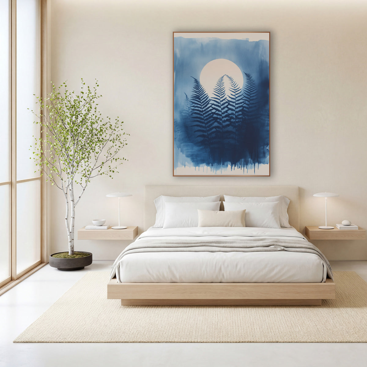 Blue Fern Moon Japandi Botanical wall art in a calm Japandi-style room – dark navy fern fronds in front of a pale