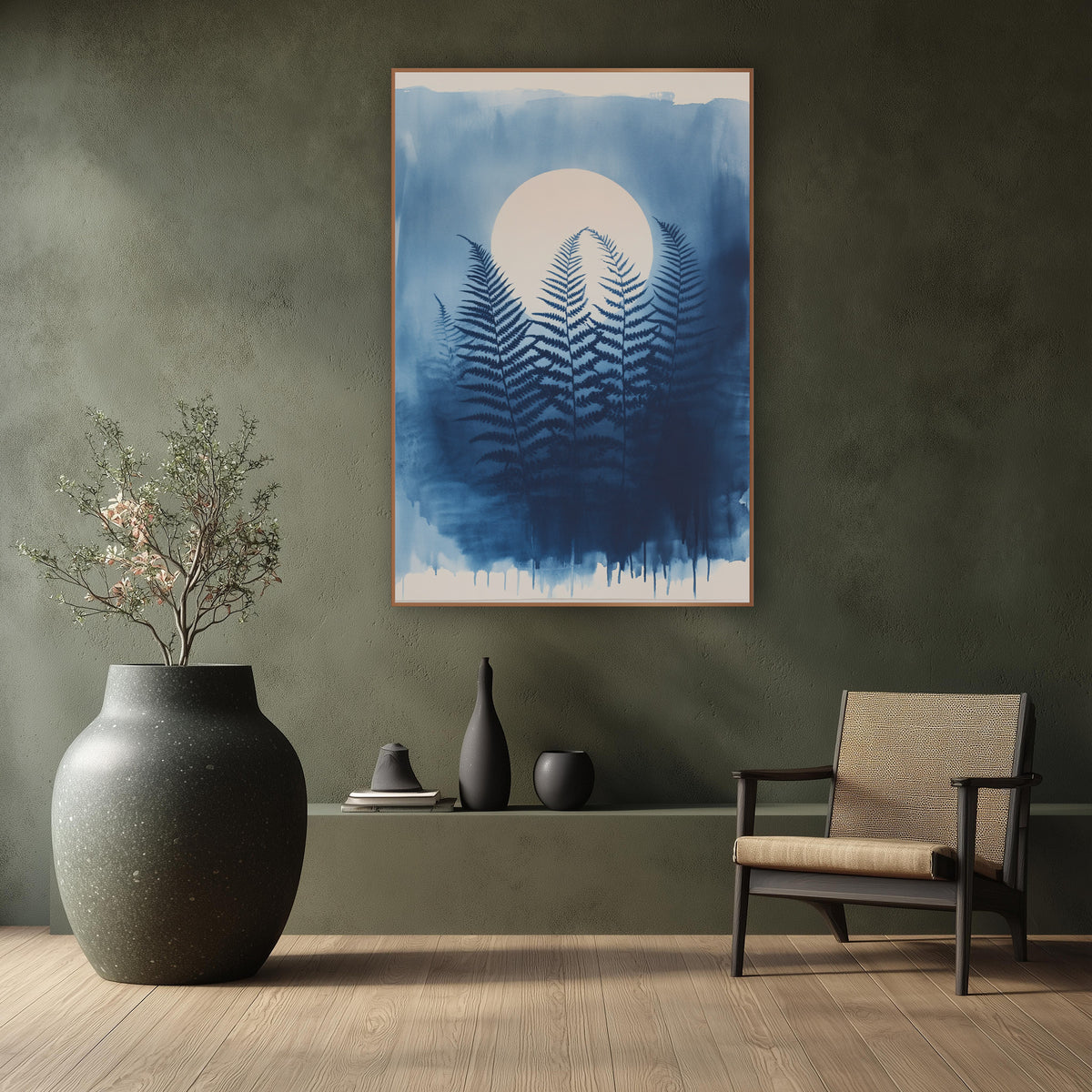 Blue Fern Moon Japandi Botanical wall art in a calm Japandi-style room – dark navy fern fronds in front of a pale