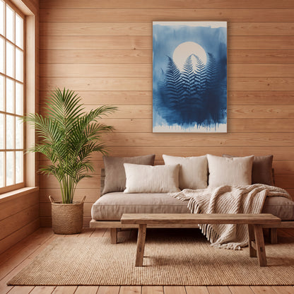 Blue Fern Moon Japandi Botanical wall art in a calm Japandi-style room – dark navy fern fronds in front of a pale