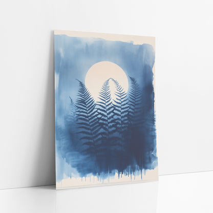Blue Fern Moon Japandi Botanical art print leaning against a white wall – dark navy fern fronds in front of a pale round moon