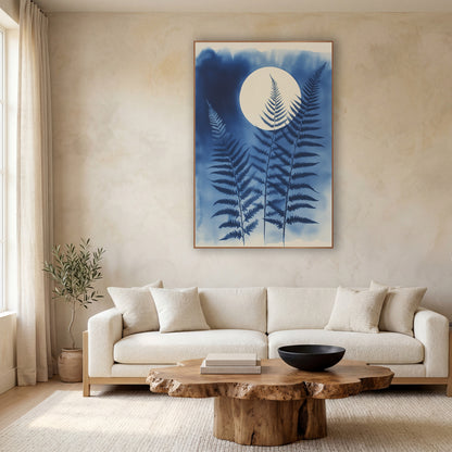 Indigo Fern Moon Botanical wall art in a calm Japandi-style room – three indigo blue fern fronds in front of a large